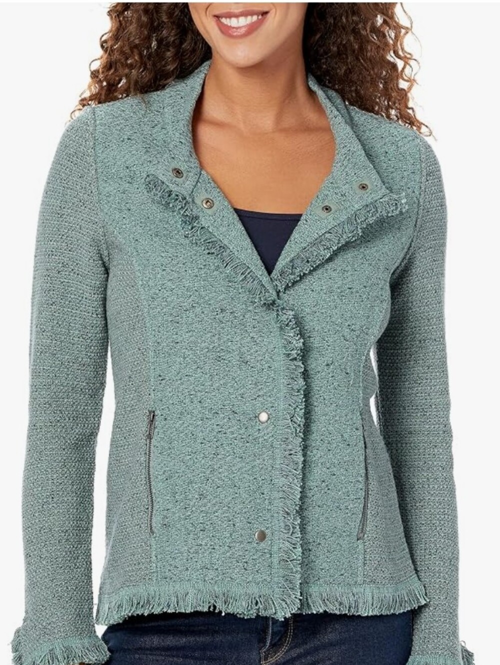 Nic + Zoe Collared Fringe Mix Jacket In Color Juniper Size M Medium